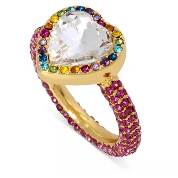 KURT GEIGER Rainbow Crystal Heart Cocktail Ring in Gold Tone - Picture 2 of 7